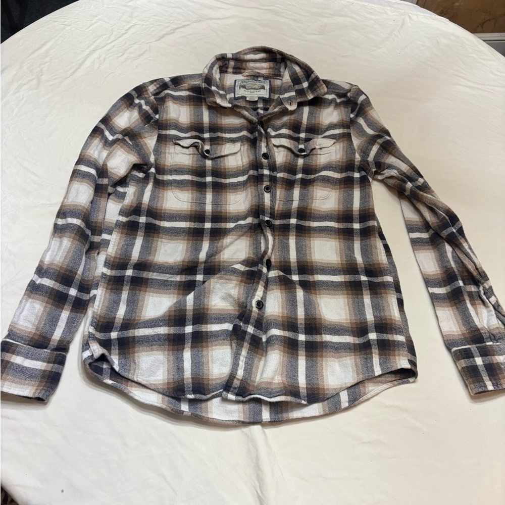 American Eagle Plaid Flannel Shirt Men’s S/P/CH Brown Navy White Long Sleeve